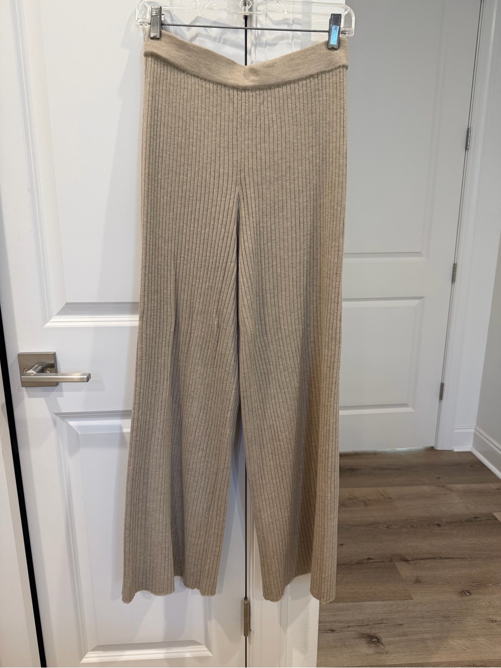 Ribbed Wide-Leg Knit Pants in Light Beige
